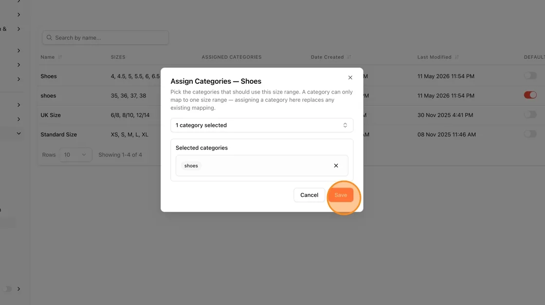 Pick the categories that should use this size range.