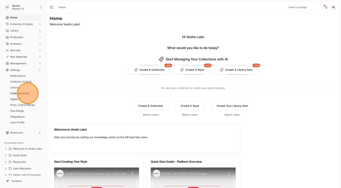 Click on "Settings Code Generator" in the dashboard menu.