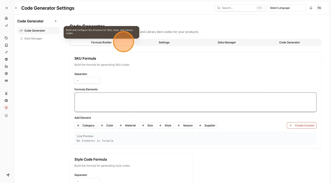 Click on "Formula Builder" to configure the code generation formula.