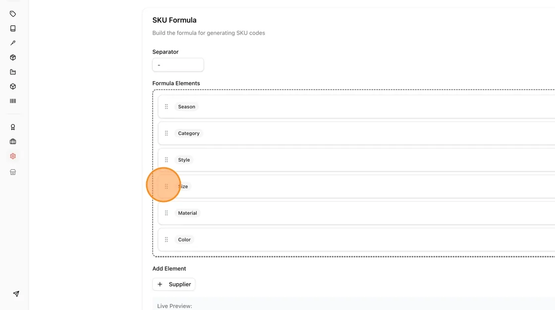 Click and drag an item from one line to another line to rearrange the SKU formula.
