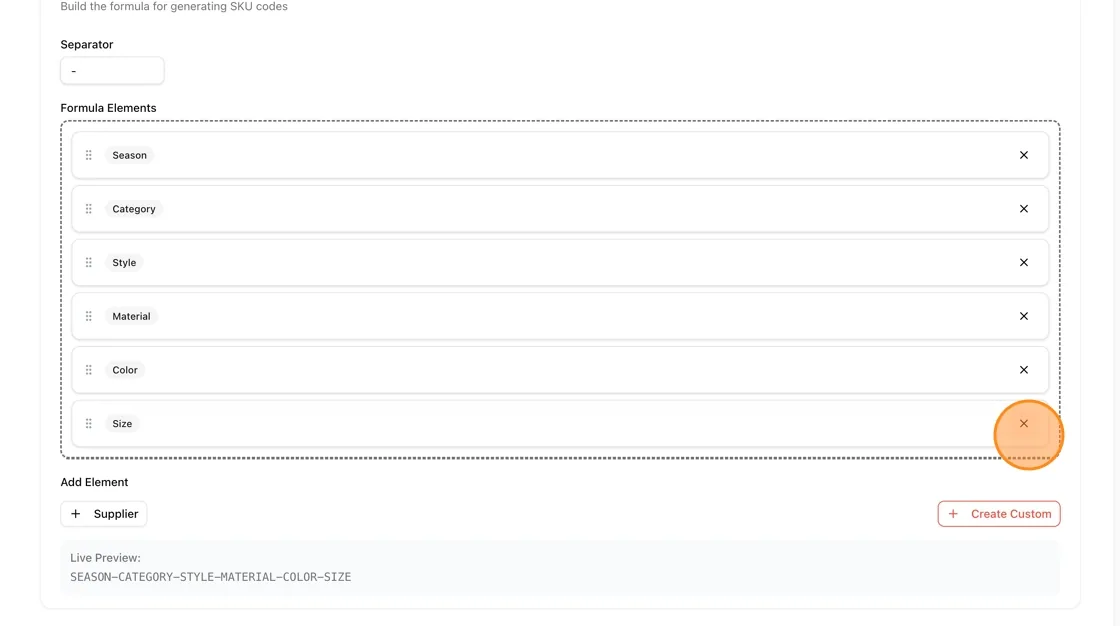 Click “X” to remove an item from a row in the SKU formula.