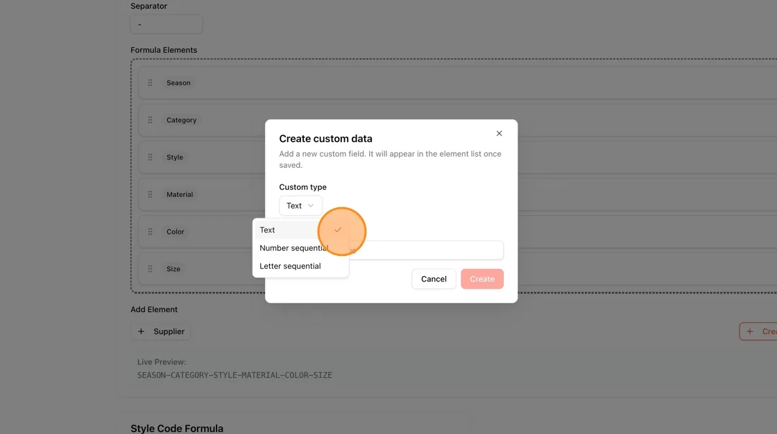 Choose the custom type for the SKU formula: