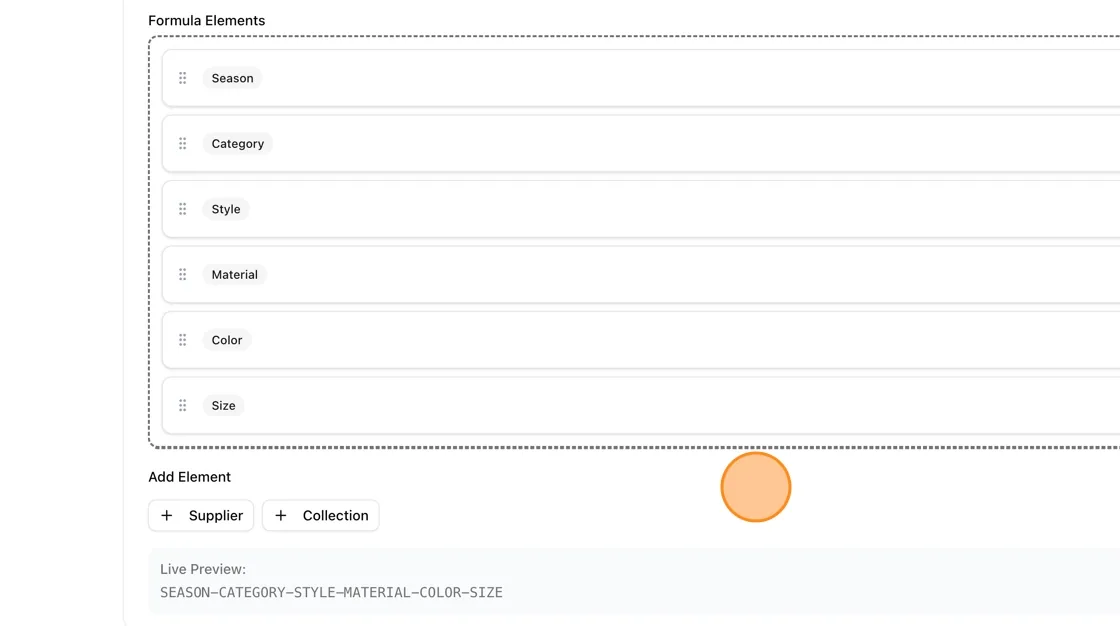 Suggested Formula: SEASON-CATEGORY-STYLE-MATERIAL-COLOR-SIZE.