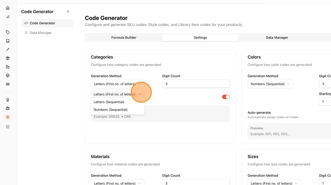 In the Setting Category Section, choose the generation method.
