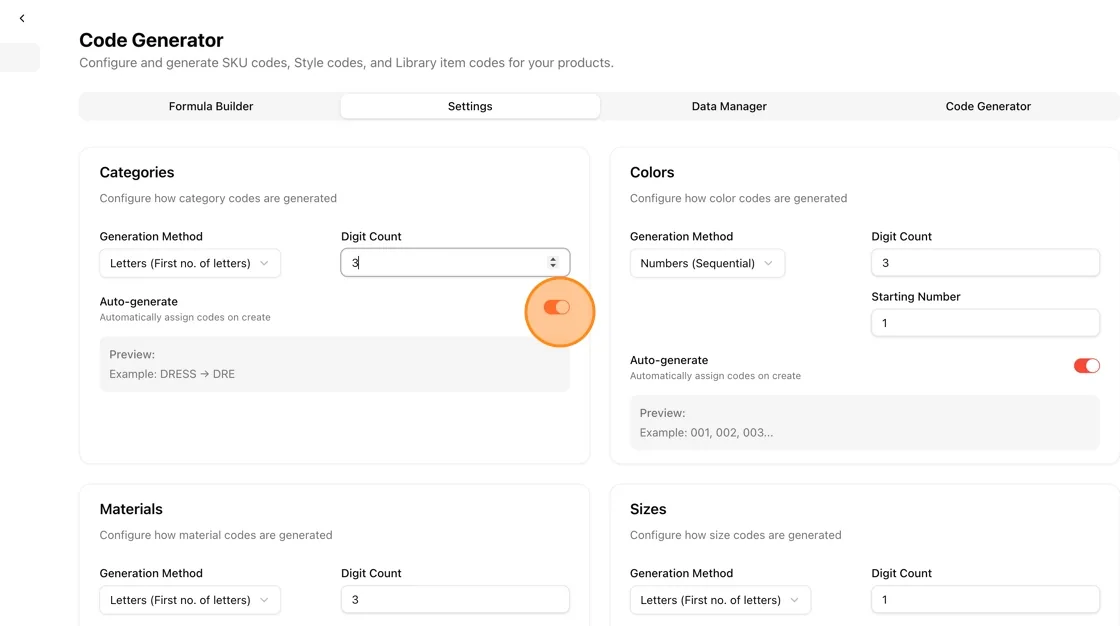 Use the toggle to turn Auto Generate Code on or off.