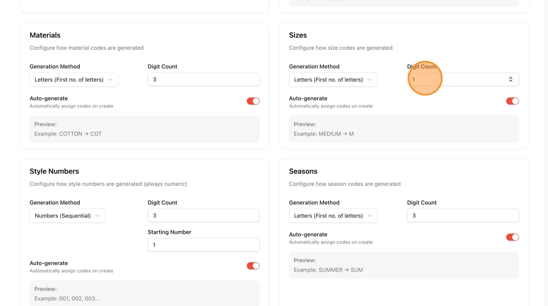 Note: Users can set the size code manually (See step 17) as the preferred generation method.