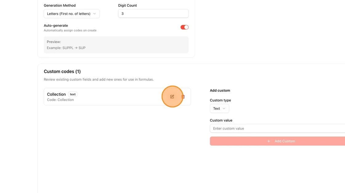 Users can view, edit, or delete the custom codes they have created.