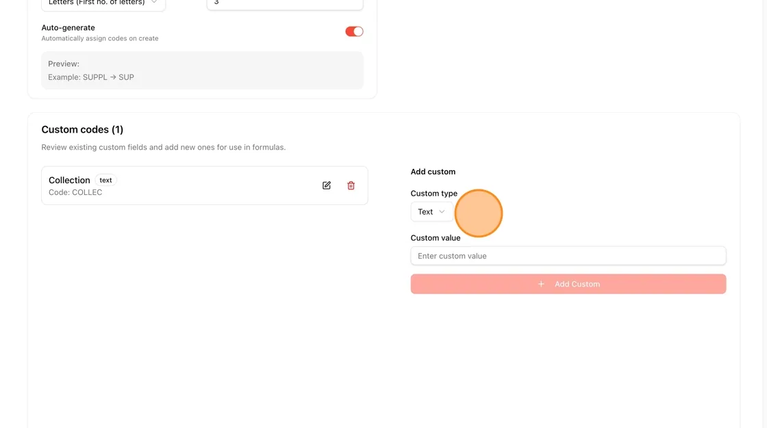Users can create additional custom codes to further customize the SKU formula.