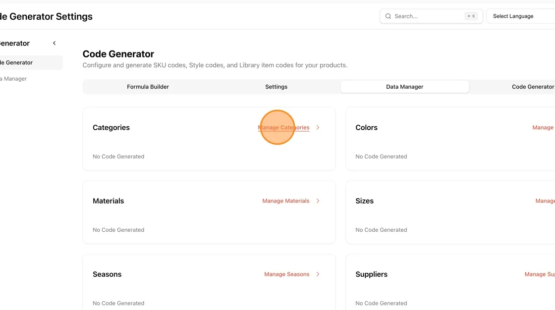 To set the code generator manually, select Manage the elements, For Example, "Manage Size."