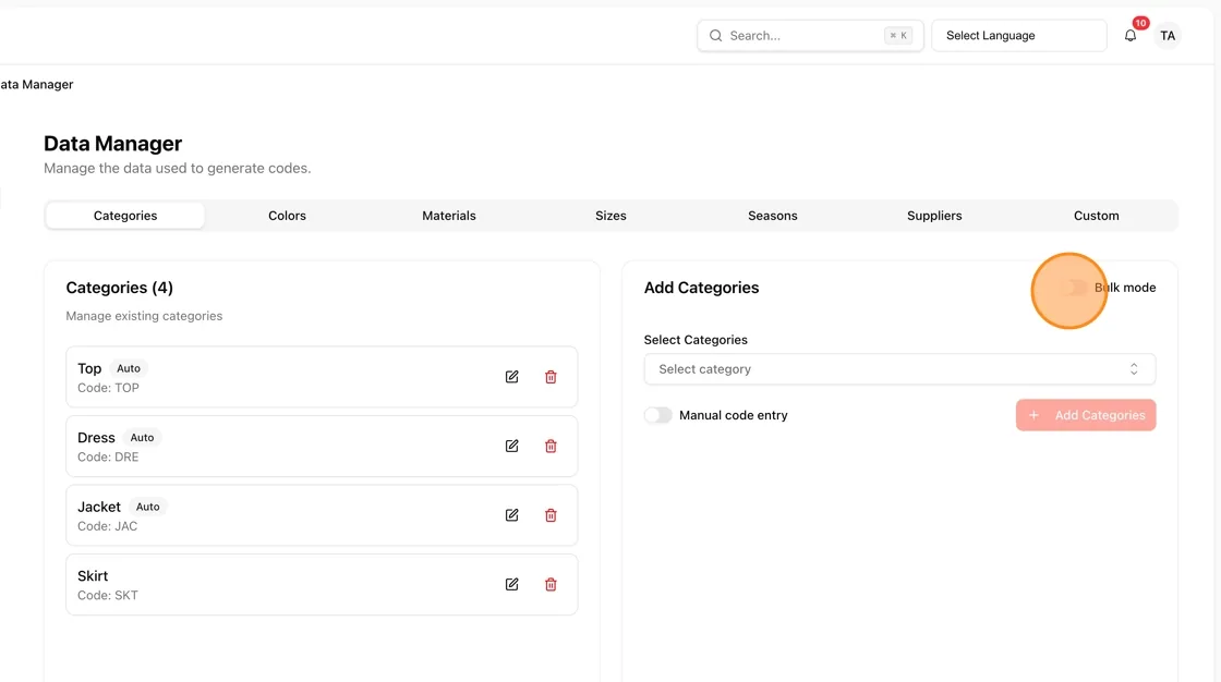 Users can add the created sizes in bulk mode to the data manager.