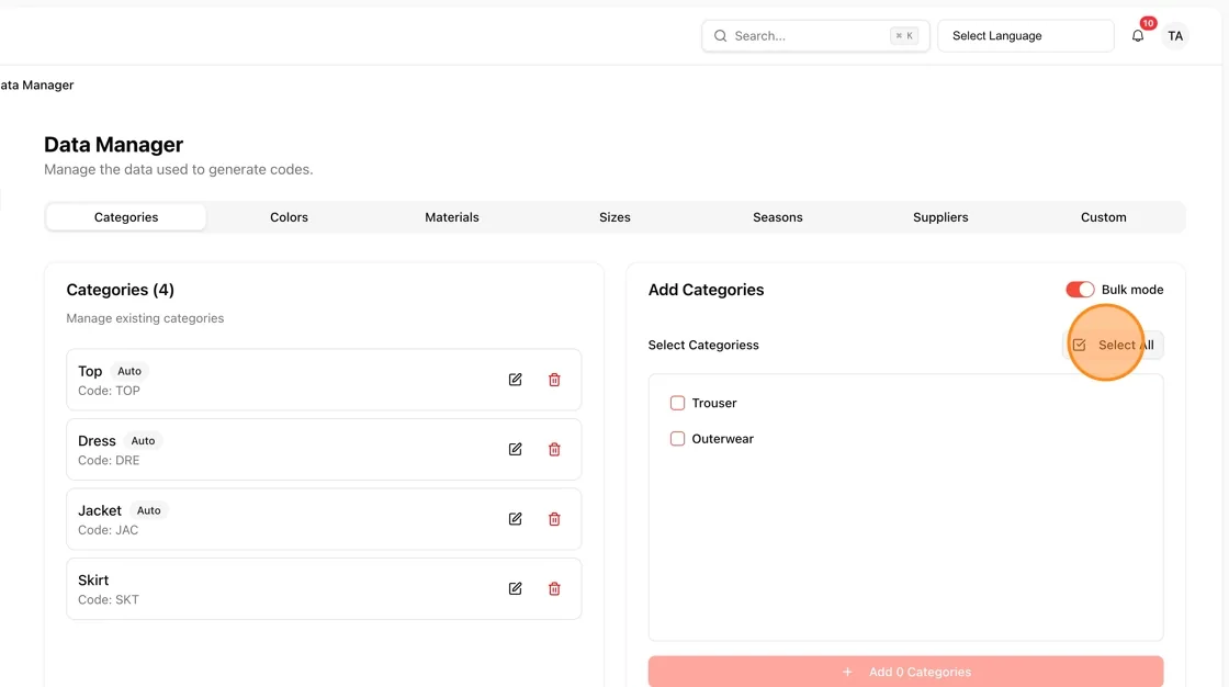 Click the "Select All" button to select all available sizes at once, or manually select individual sizes as needed.
