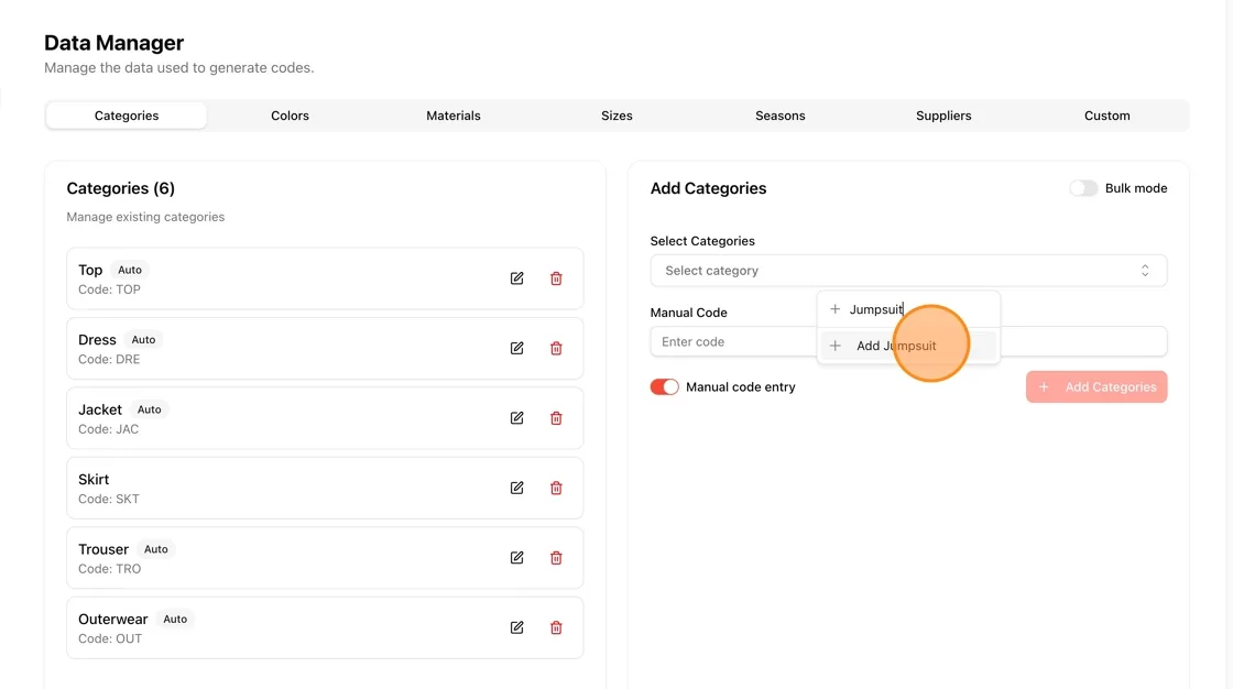 Enter the code to customize your own code generator