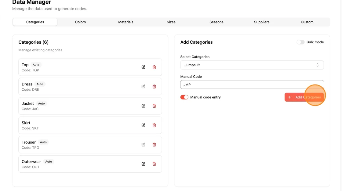 Enter the code manually, click "+add categories"