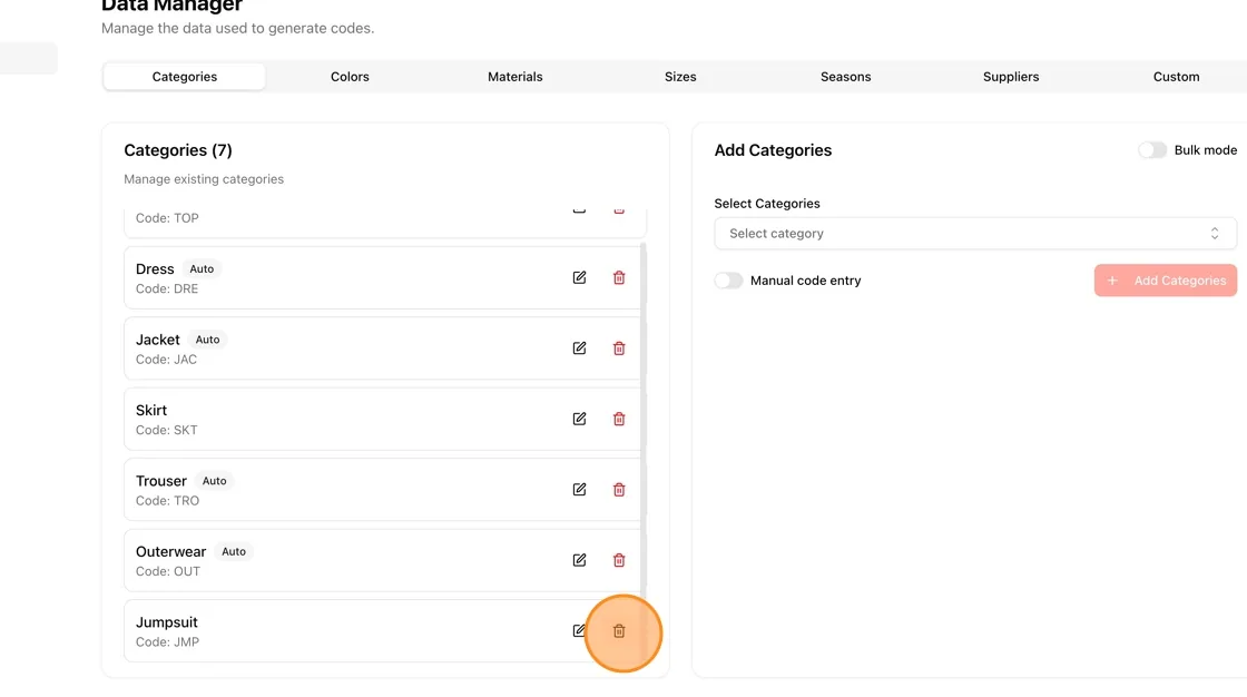 If users create new Categories, Colors, Materials, Sizes, and Seasons, they will be added automatically to the data manager…