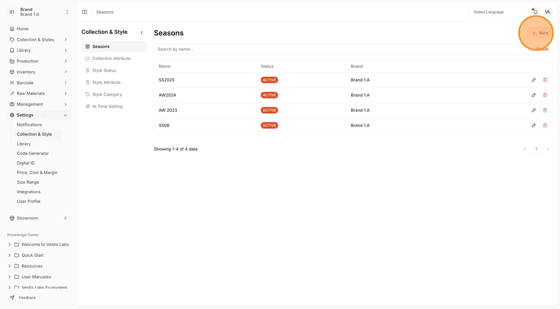 Select "+New" to create a new season
