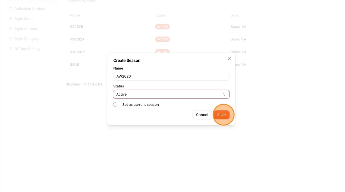 Click "Save" to create the new season.
