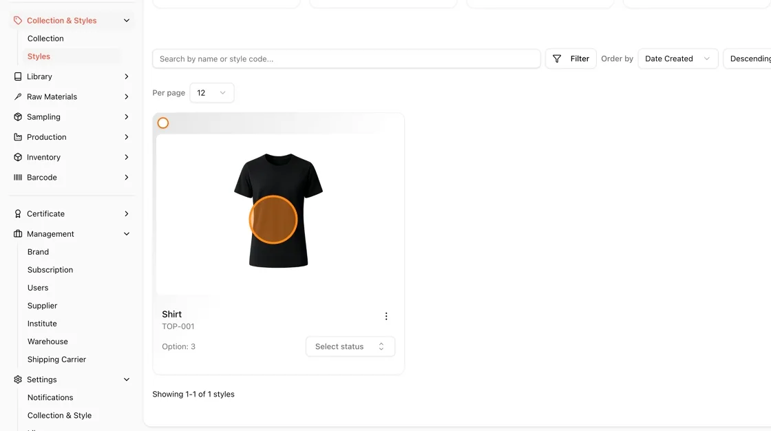 Go to "Collection & Style Style" to generate the SKU code for the material