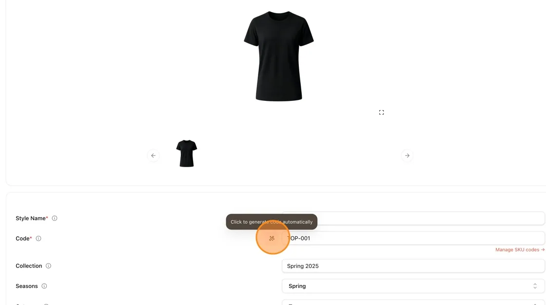 Click the generator icon to create a style code based on the Style Code Format configured in the previous step.