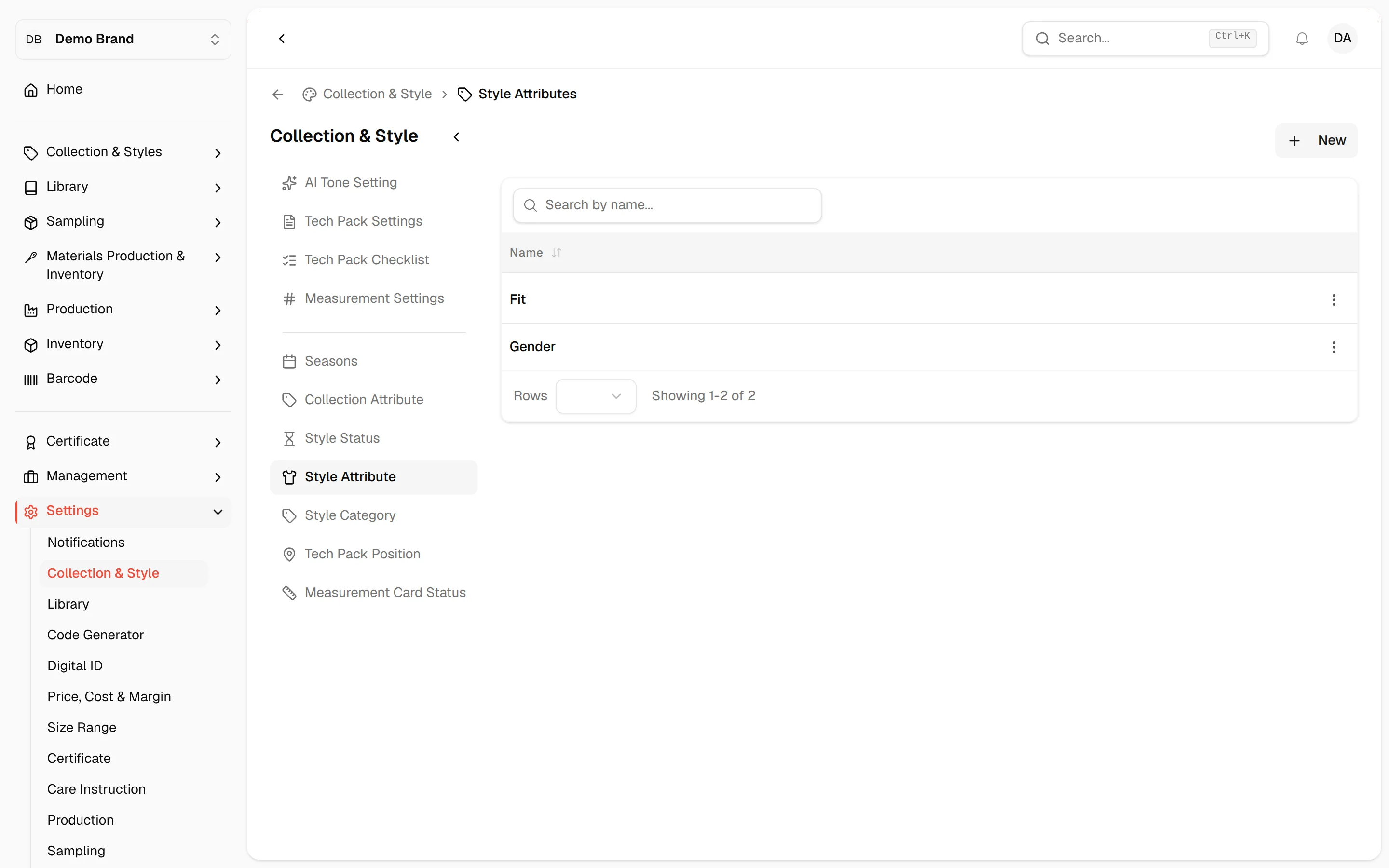 The Style Attributes master list with the New button and a three-dot menu on each row
