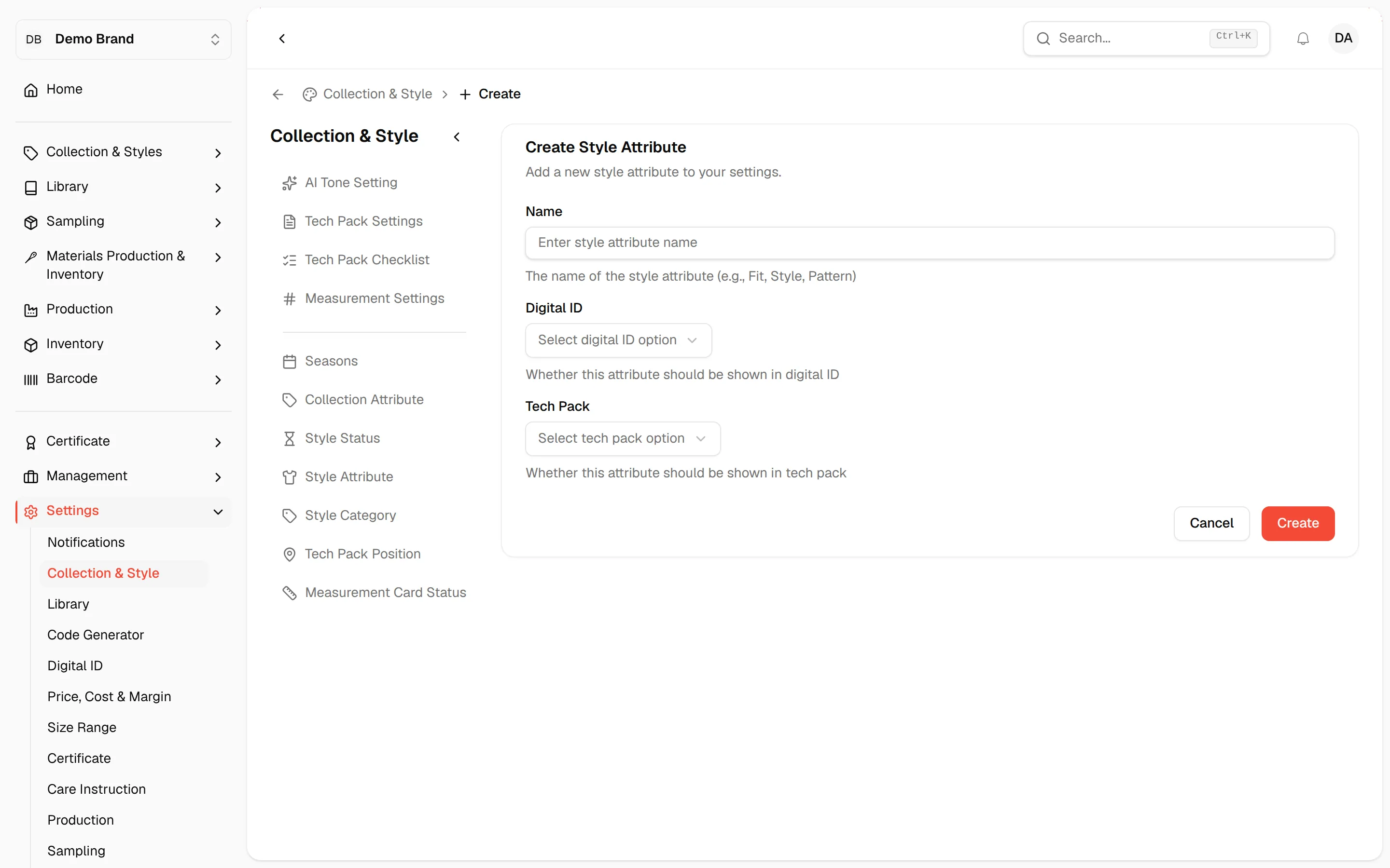The Create Style Attribute form with Name, Digital ID and Tech Pack fields