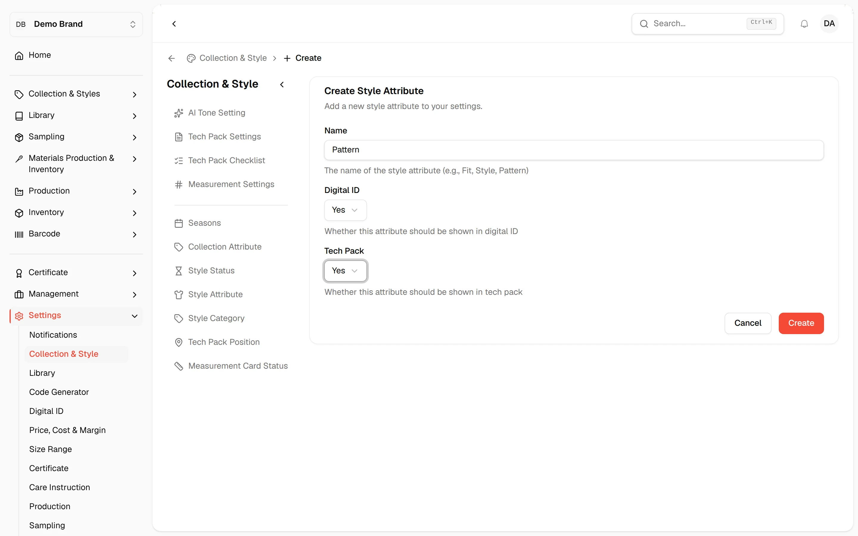 The Create Style Attribute form with a name entered and Digital ID and Tech Pack set to Yes