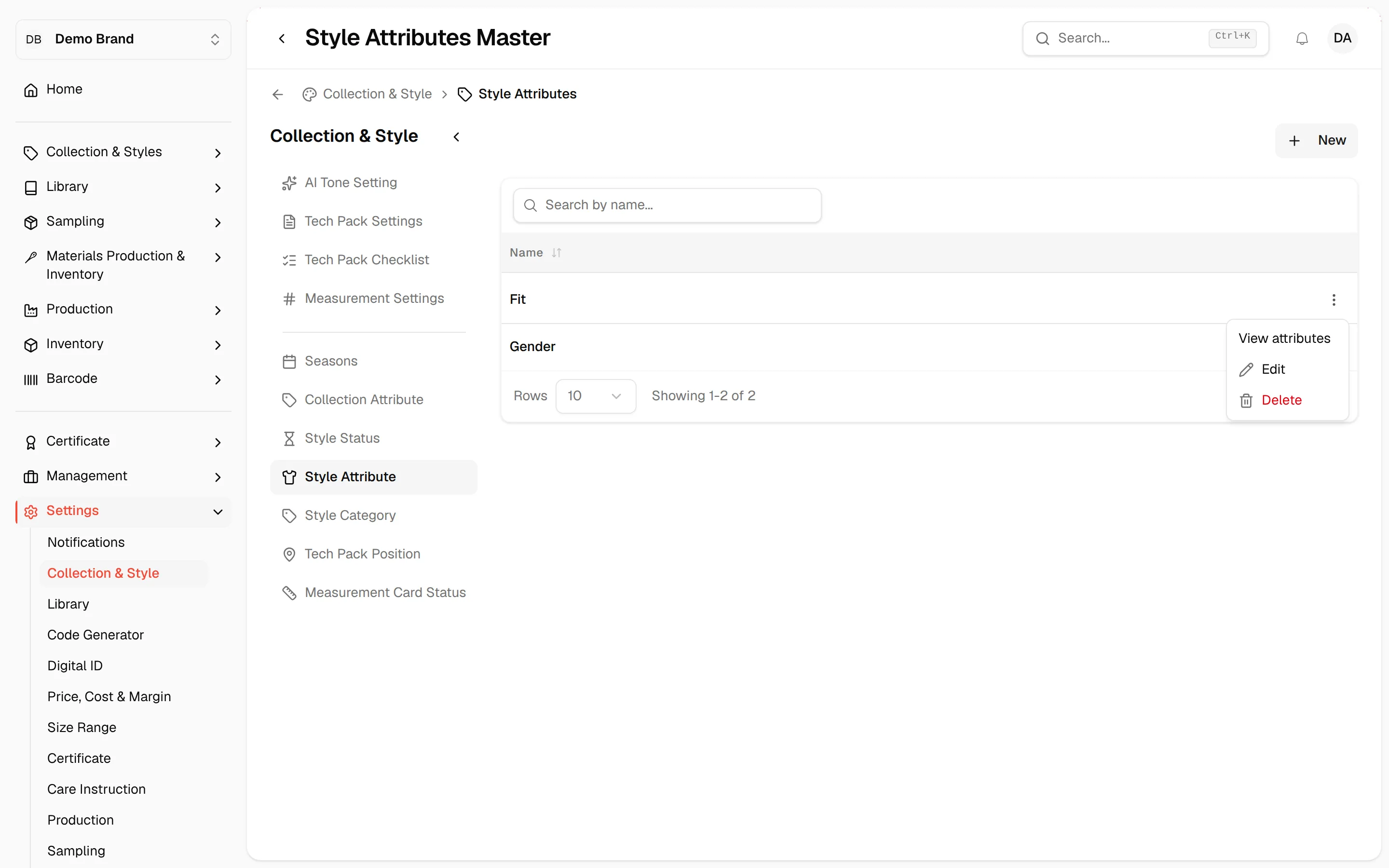 The three-dot menu of an attribute row offering View attributes, Edit and Delete