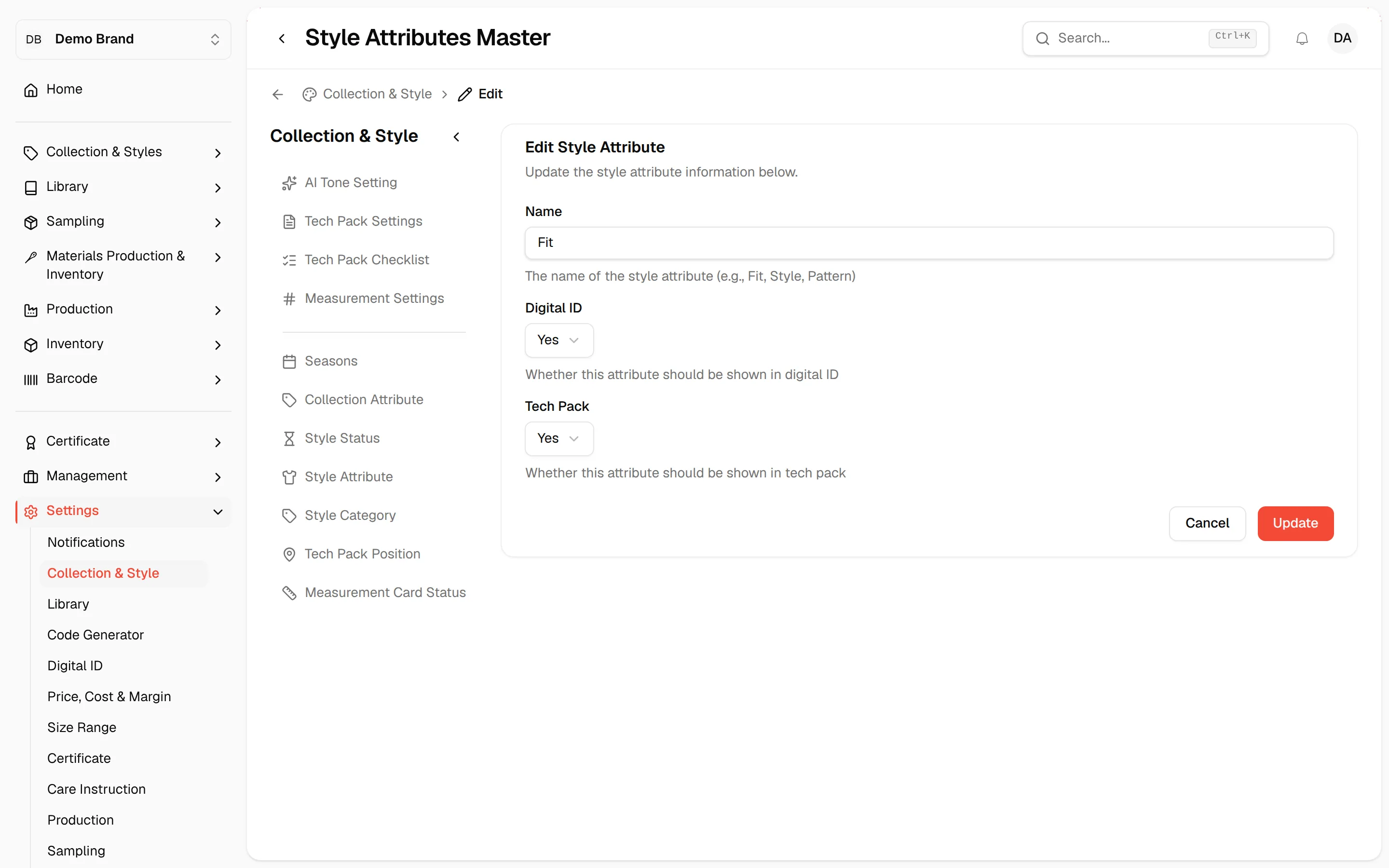 The Edit Style Attribute form with the current values and the Update button