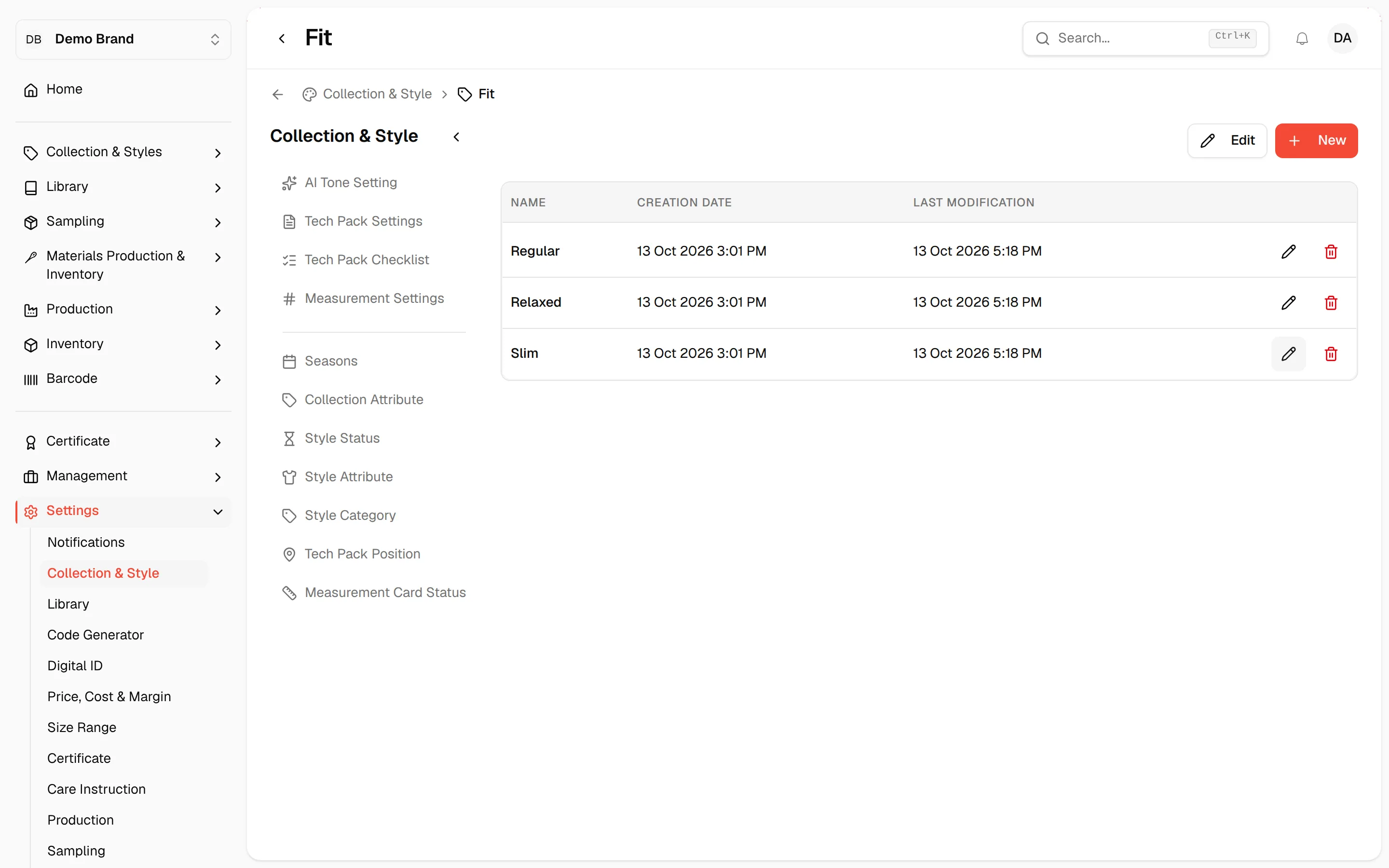 The values inside the Fit attribute with their creation and modification dates and a New button