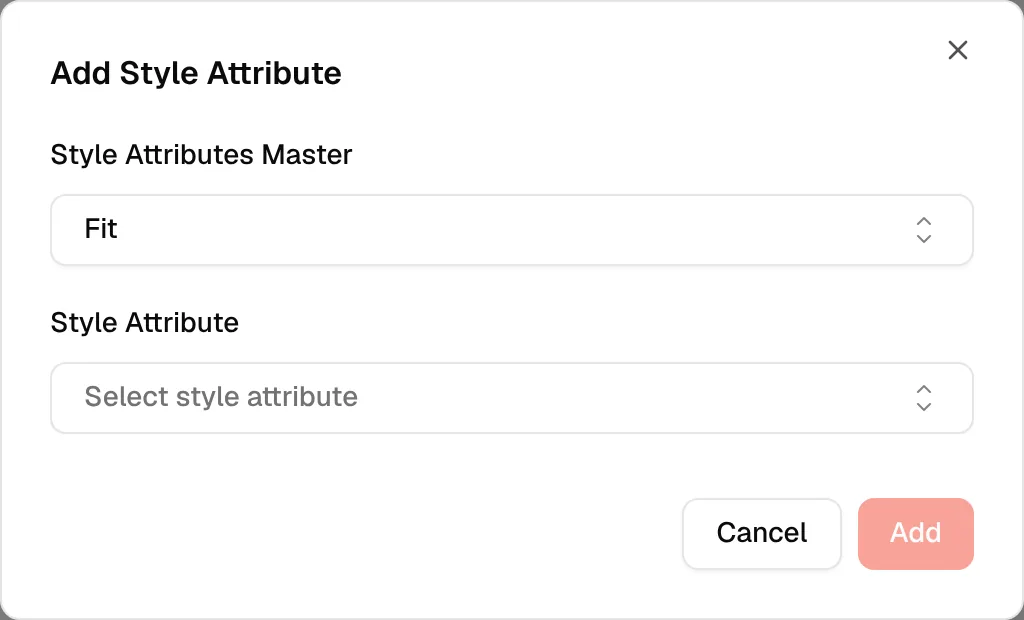 The Add Style Attribute window with the Fit master selected and the Style Attribute field below it