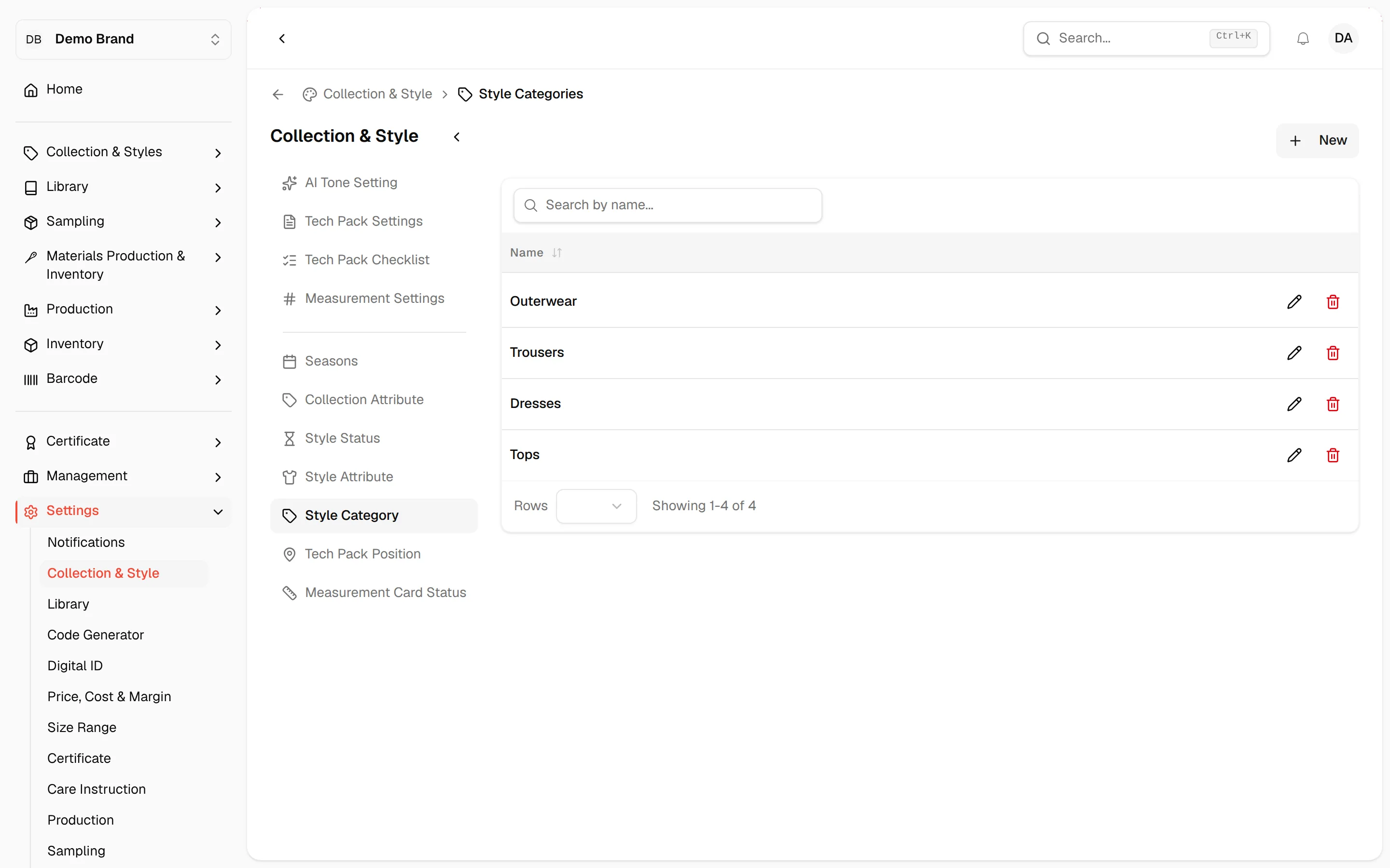 The Style Categories list with the New button and a pencil and bin icon on each row