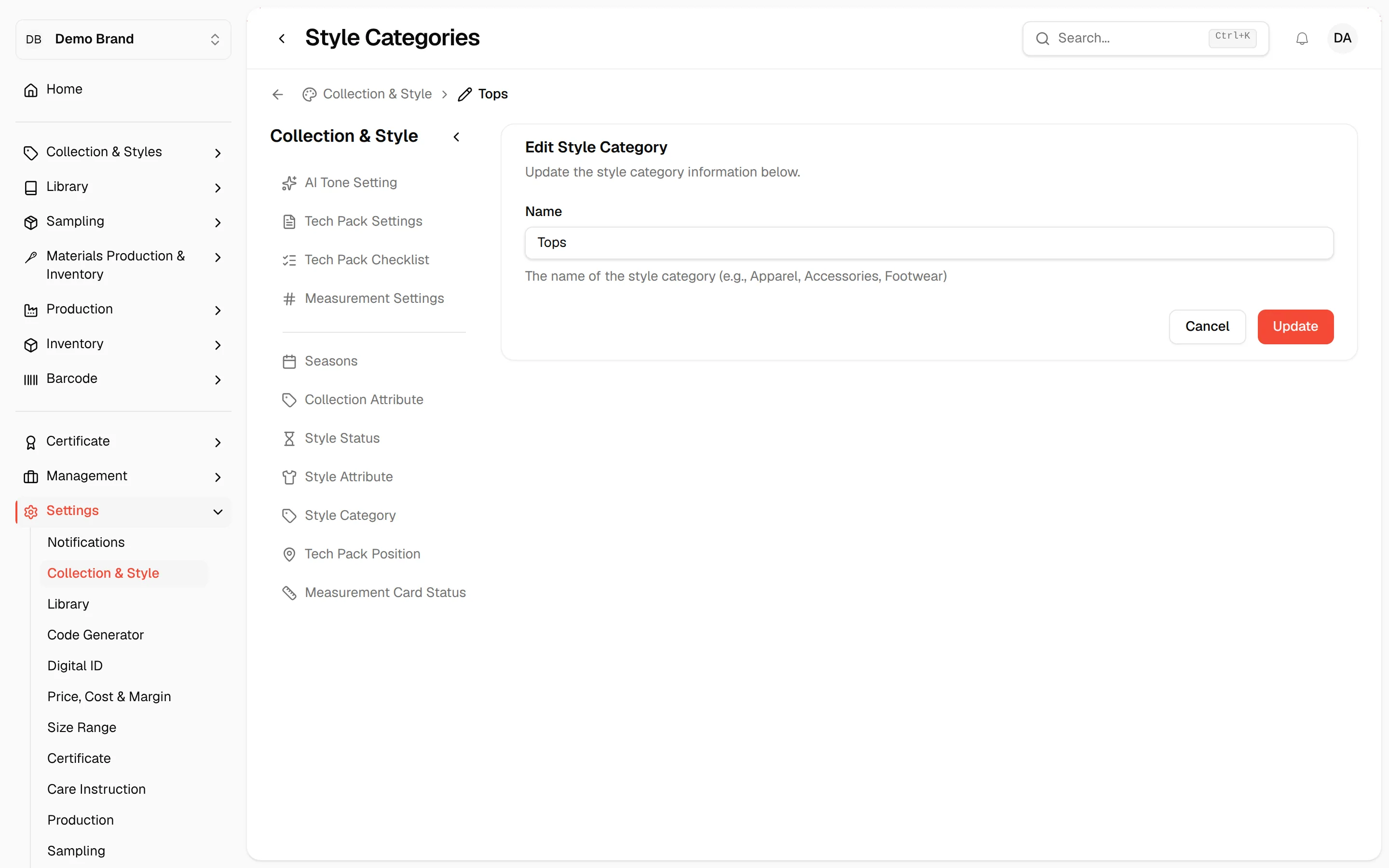 The Edit Style Category form with the current name and the Update button