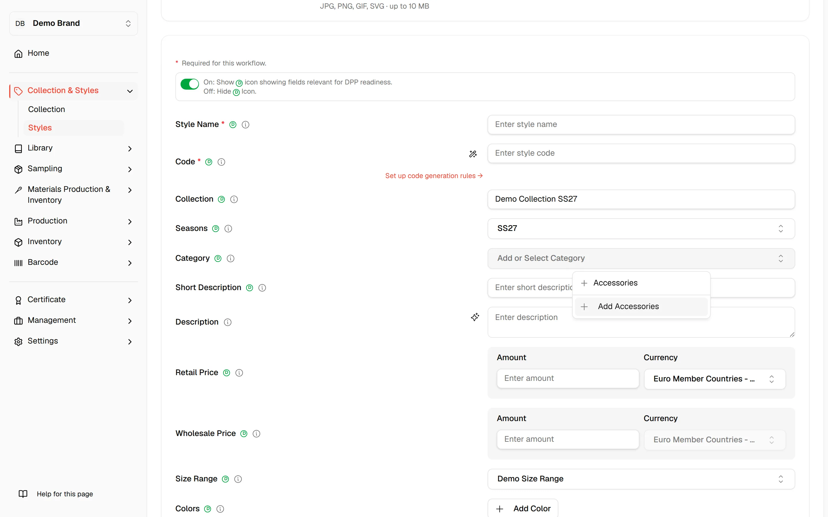 The Category field on the Create Style page with a new name typed in and the option to add it