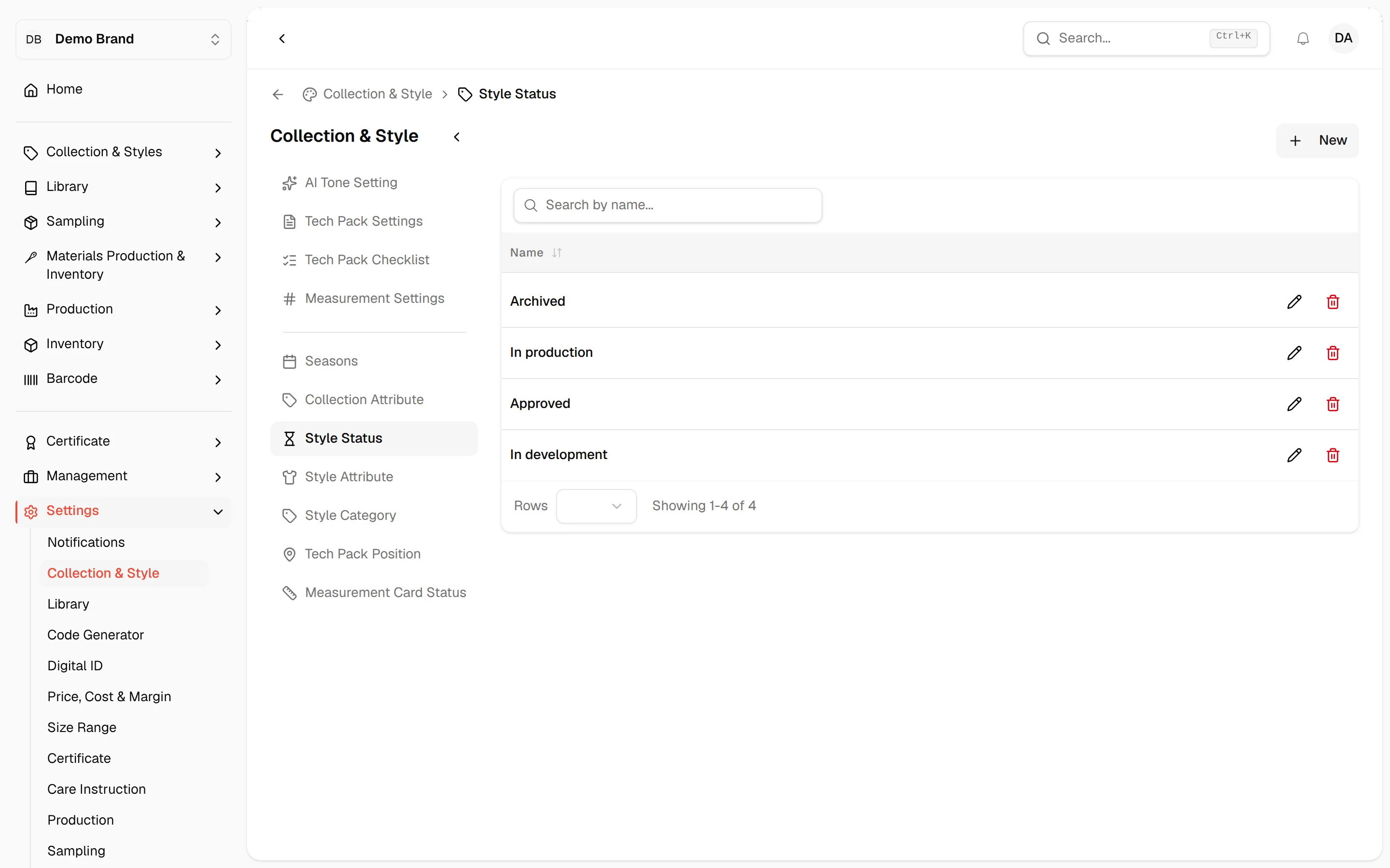 The Style Status list with the New button and a pencil and bin icon on each row