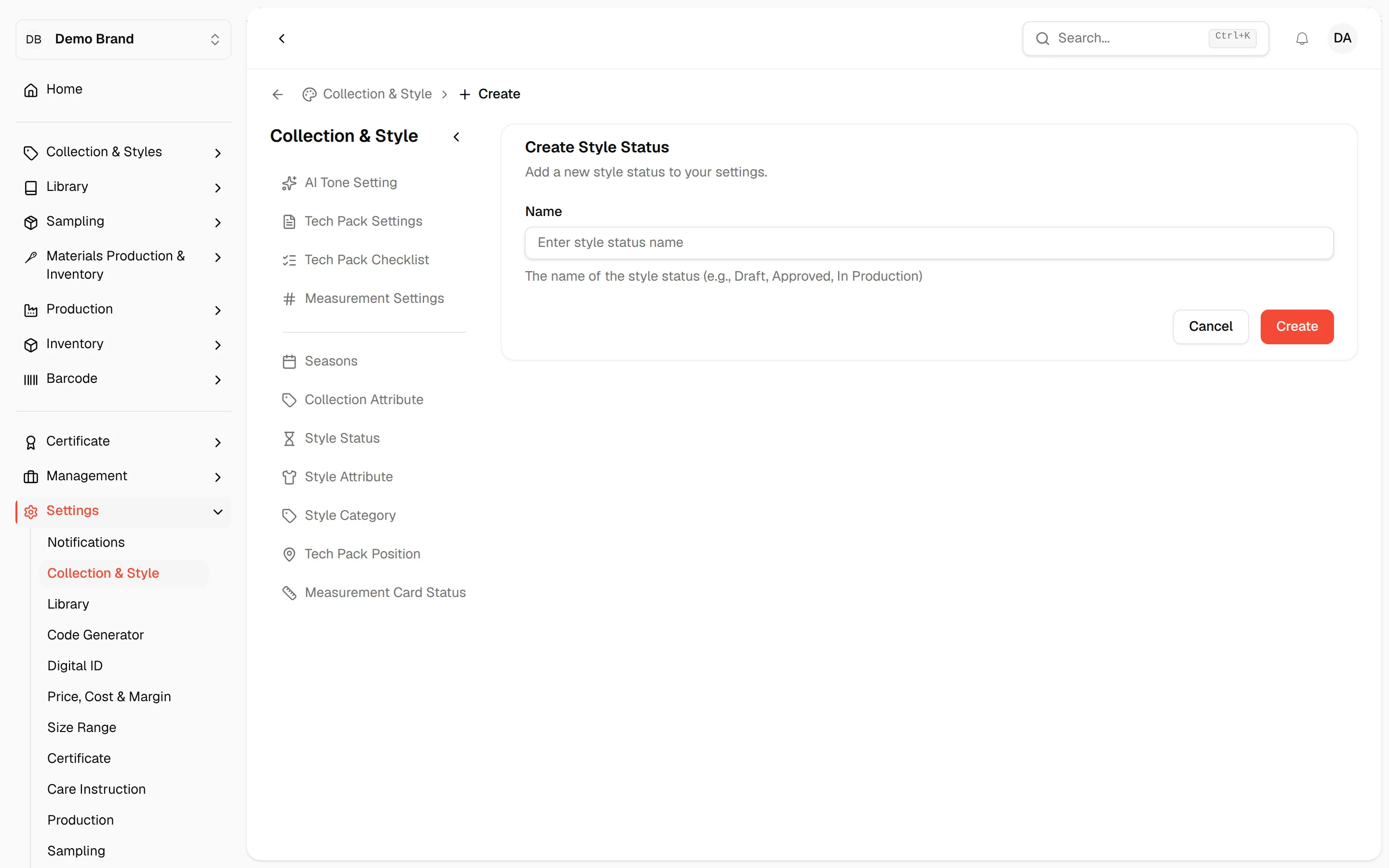 The Create Style Status form with an empty Name field