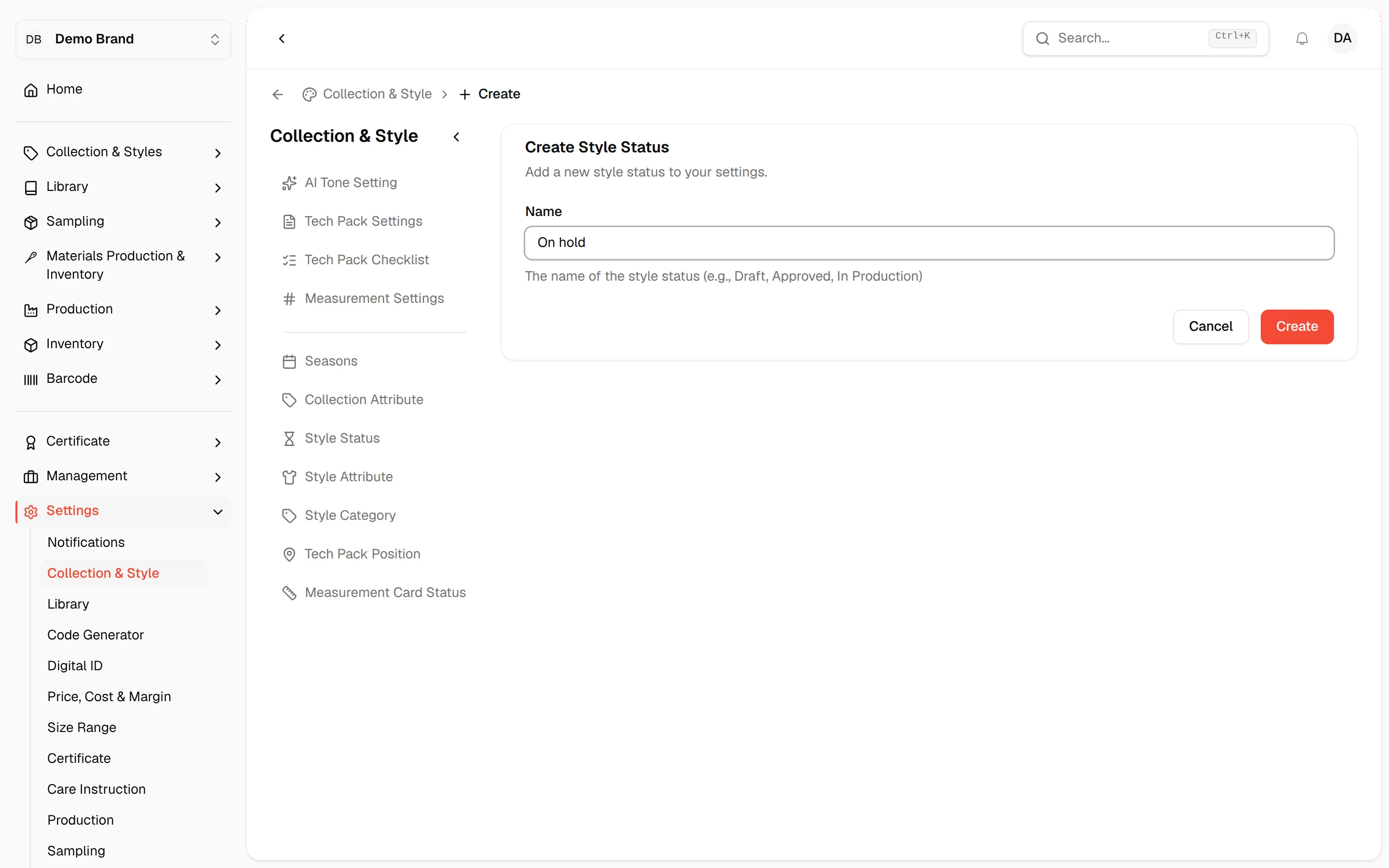 The Create Style Status form with a name typed in, ready to create