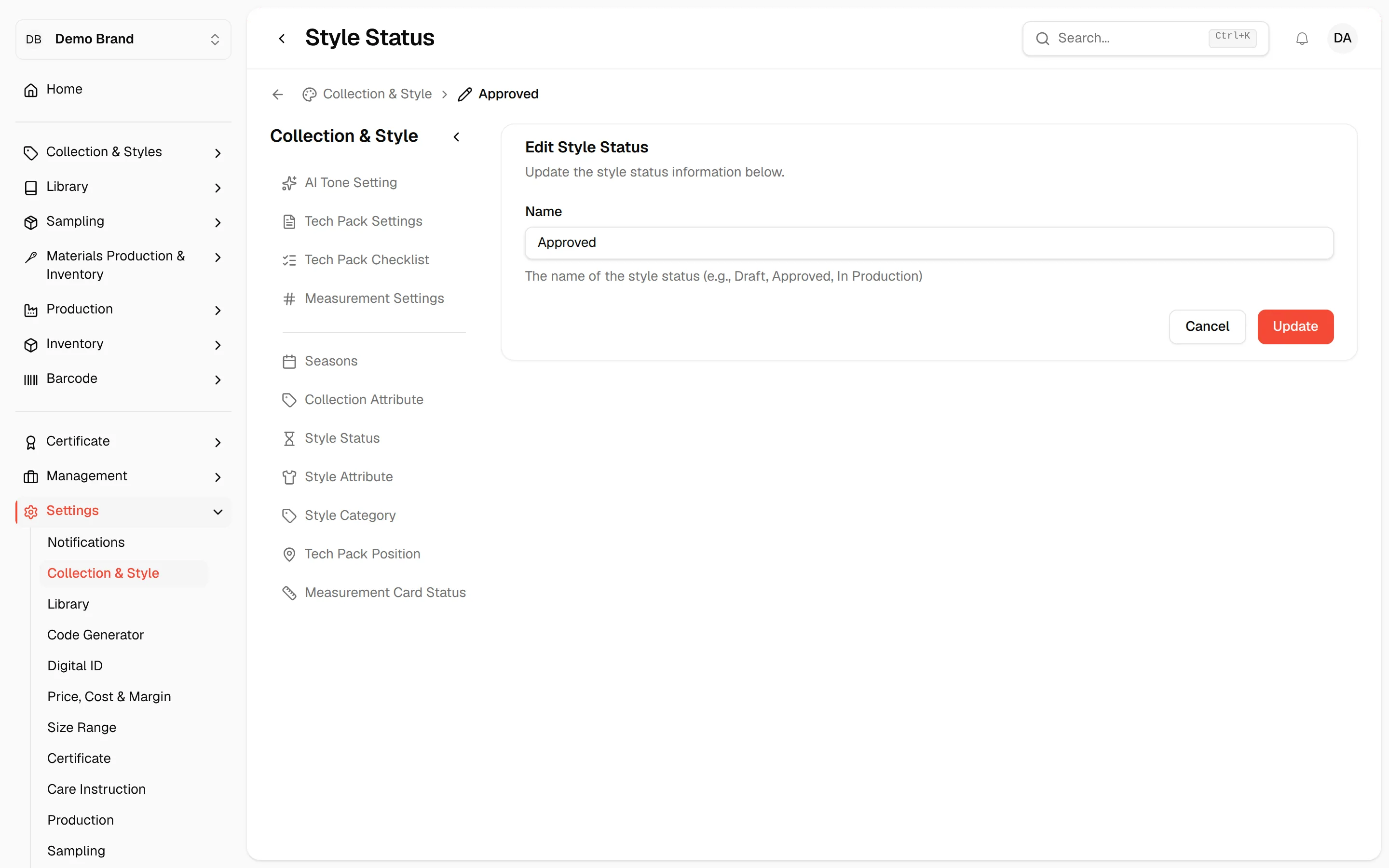 The Edit Style Status form with the current name and the Update button