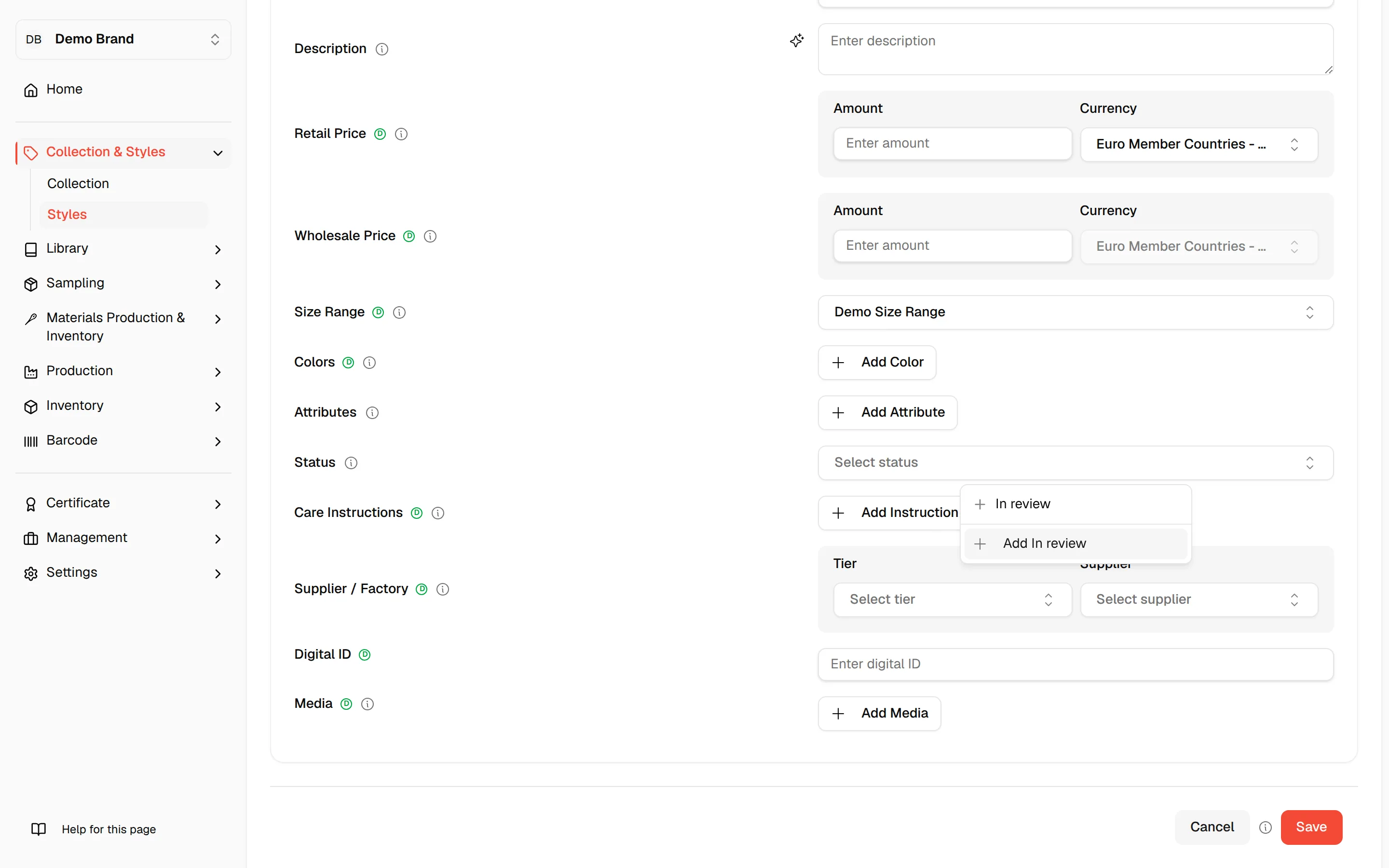 The Status field on the Create Style page with a new name typed in and the option to add it