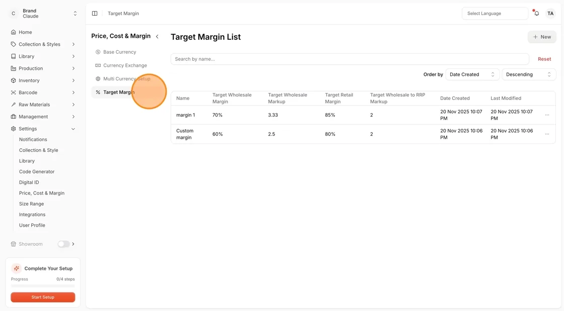 Navigate to Settings Price, Cost & Margin.