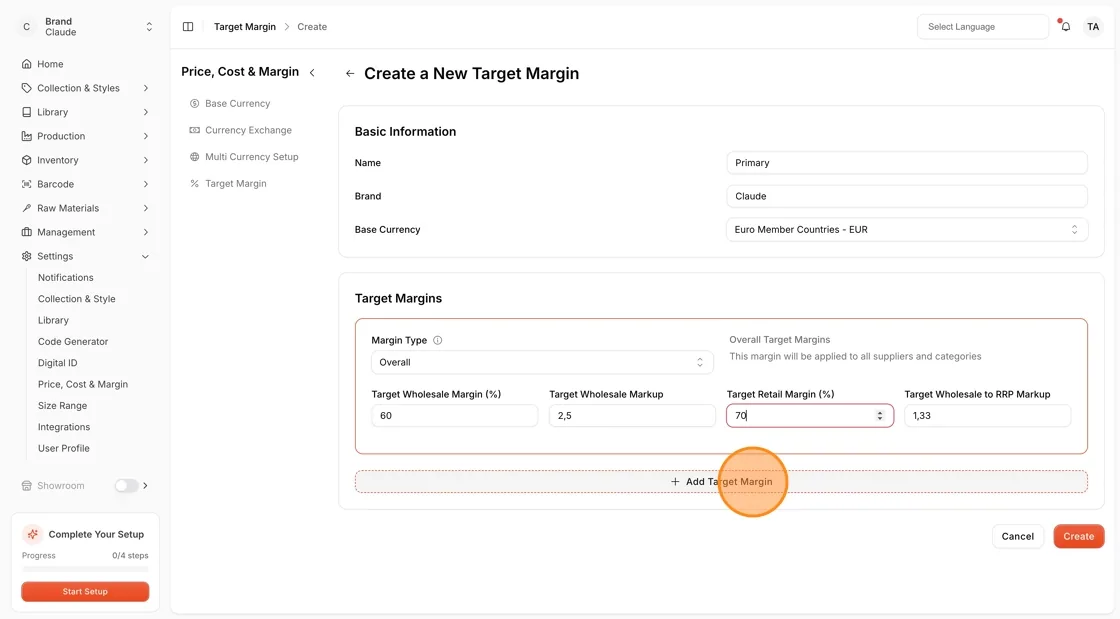 Navigate to Settings Price, Cost & Margin.