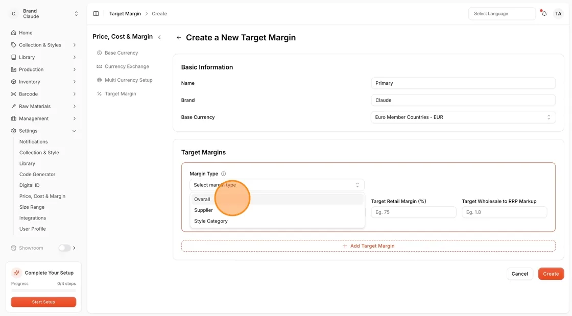 Navigate to Settings Price, Cost & Margin.