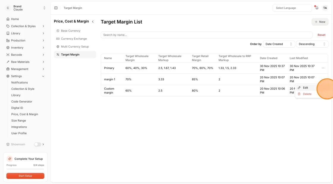 The Target Margin List Page stores all information related to the target margins created in Vestis Labs.