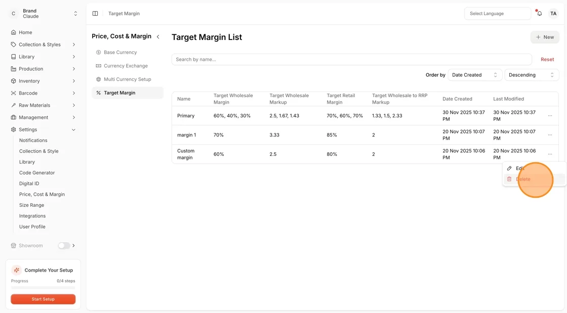 The Target Margin List Page stores all information related to the target margins created in Vestis Labs.