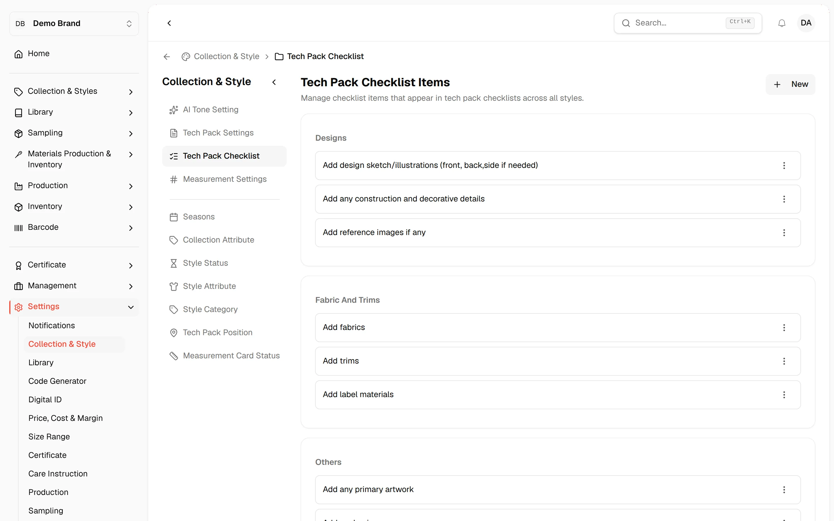 The Tech Pack Checklist page with the checklist items grouped by category