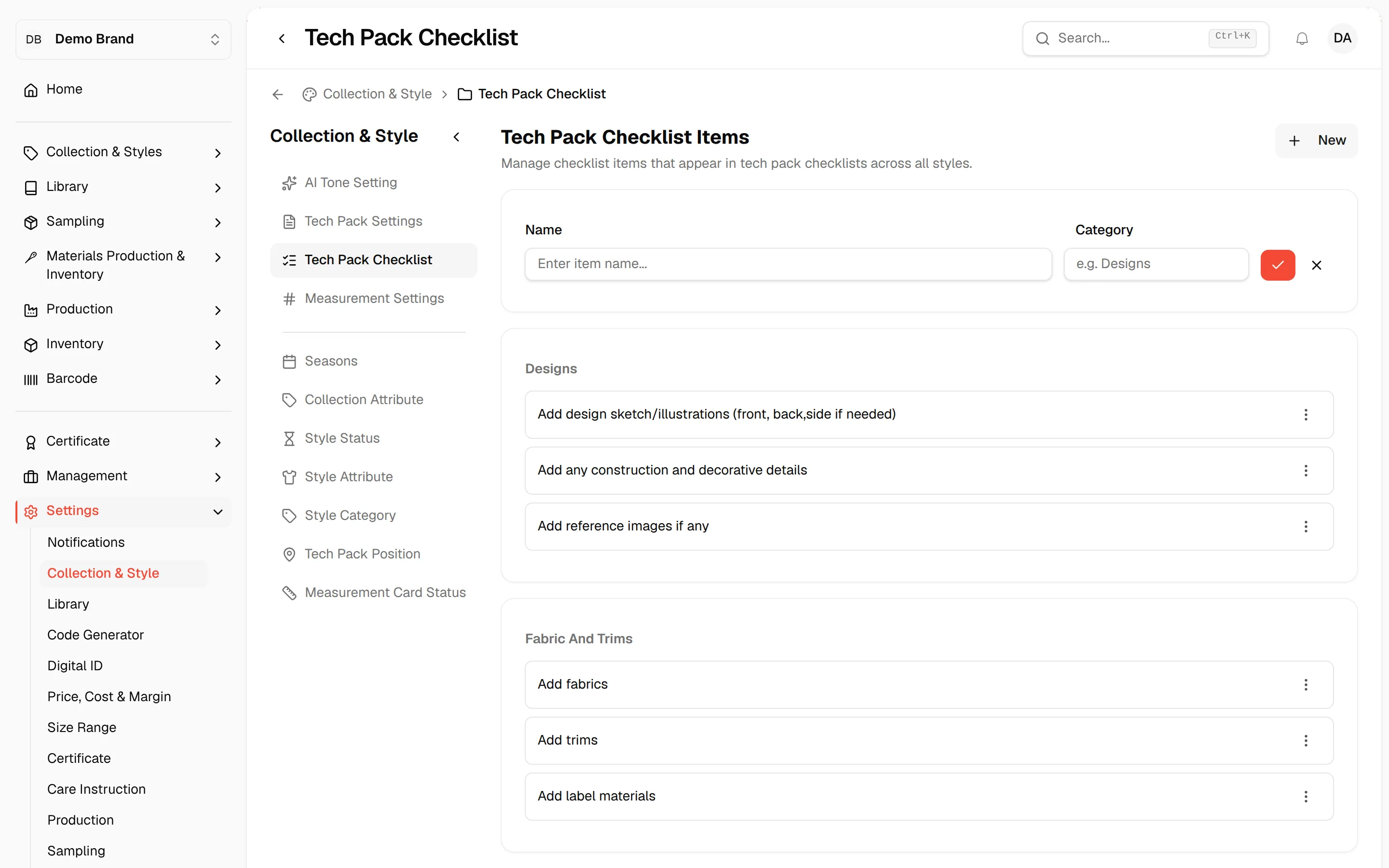 A new row with Name and Category fields opened above the checklist
