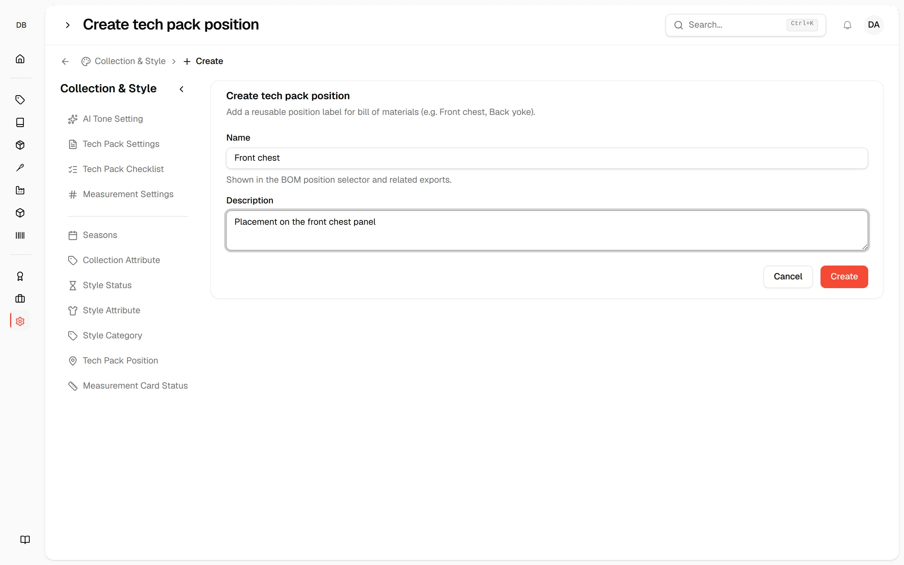 The Create tech pack position form with a name and a description entered