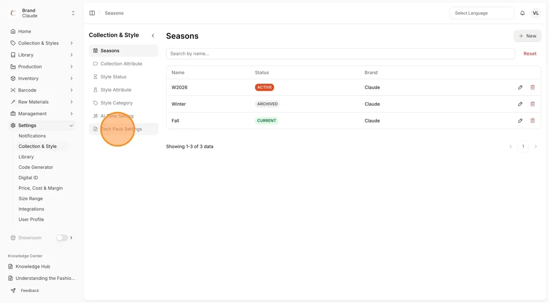 Navigate to Settings Collection & Style, go to Tech Pack Settings section.