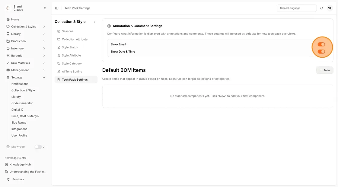 Use the toggle to activate or deactivate the information that is displayed with annotations and comments in the tech pack.