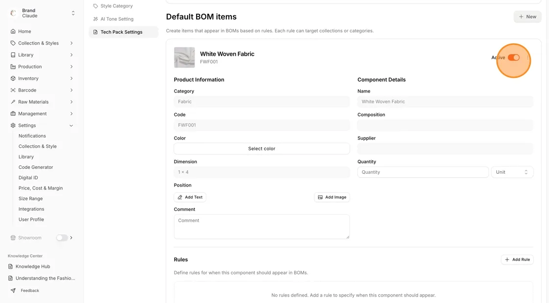 Use the toggle to activate or deactivate the automated BOM item displayed in the tech pack.