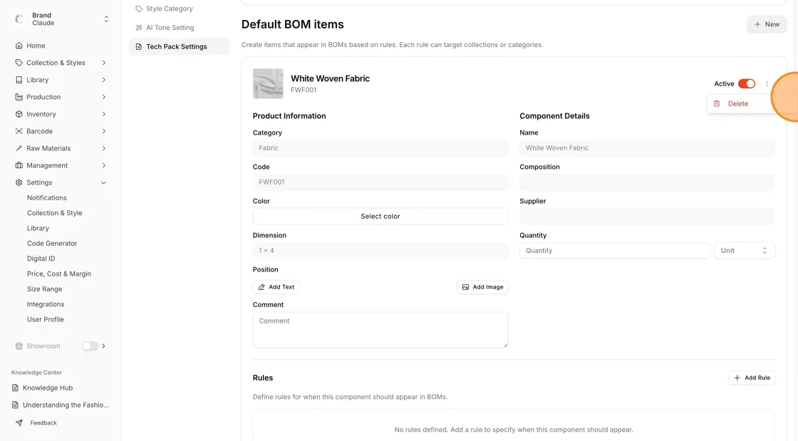 Use the three-dot action button to delete the selected BOM item.
