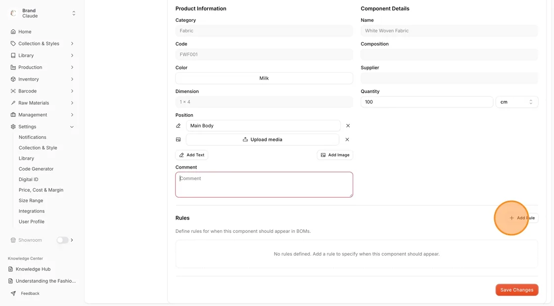 Default BOM items allow you to automatically include predefined components in tech packs based on rules.